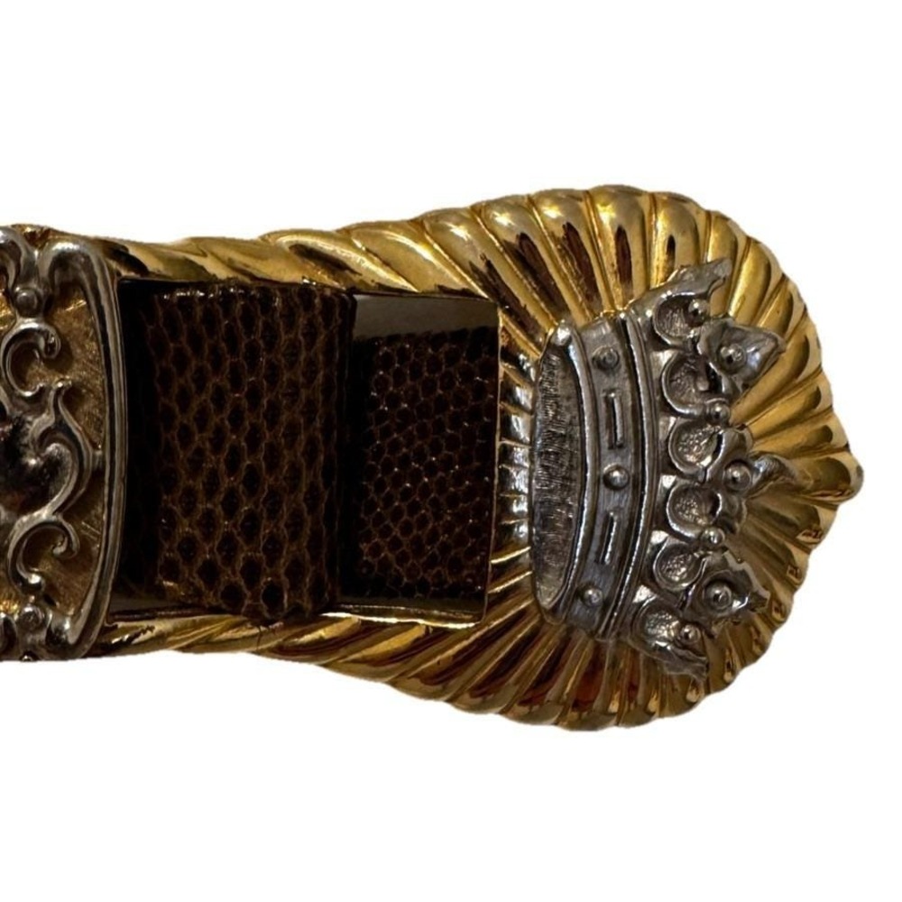 JUDITH LEIBER Taupe Gold SNAKESKIN Leather Adjustable BELT Crown BUCKLE Signed M - Picture 2 of 11